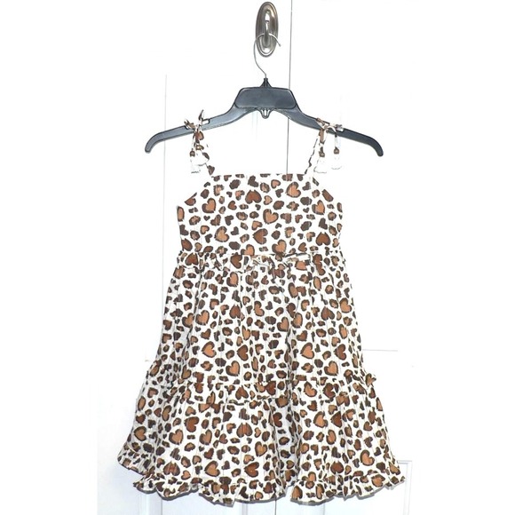 Rachel Zoe Other - Rachel Zoe Girls Sleeveless Tiered Bow Shoulder Dress Brown Animal Hearts Size 5